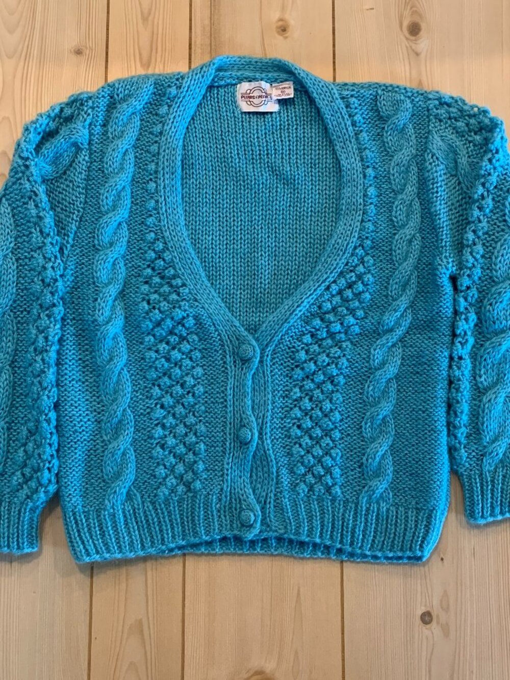 Vintage 90s Plums & Pearls Retro Knit Acrylic Sweater Cardigan Blue Women's M